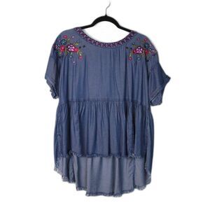 Cato Floral Embroidered Chambray Hi-Low Hem Short Sleeve Blouse‎ Sz L EUC Summer